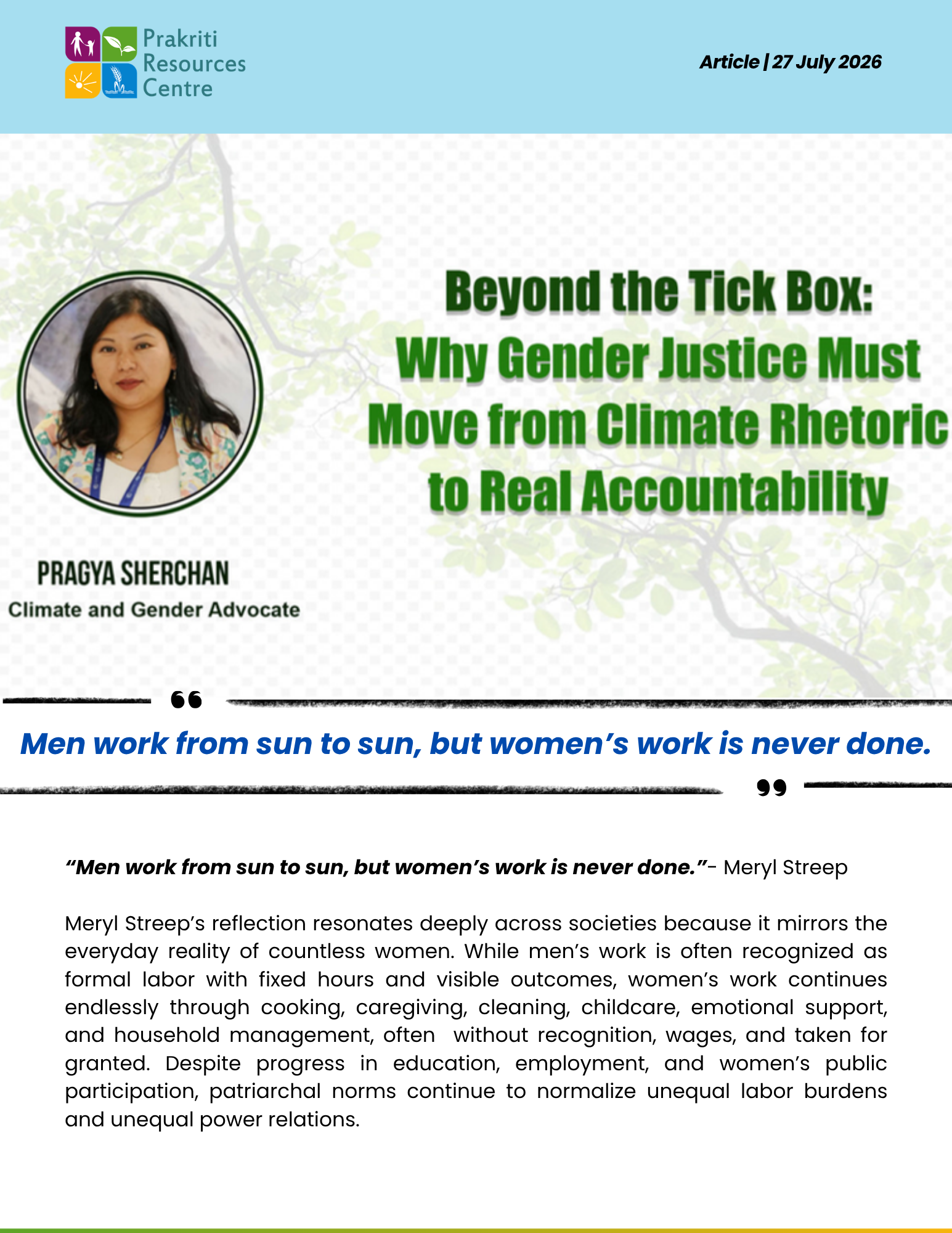 Beyond the Tick Box: Why Gender Justice Must Move from Climate Rhetoric to Real Accountability